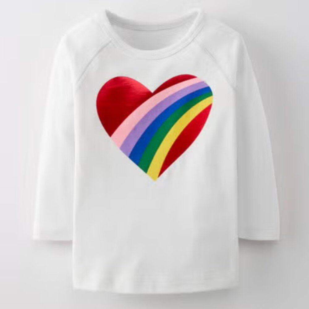 Hanna Andersson White Long Sleeve Tee w/ Metallic Rainbow Heart. Size 3-6 months